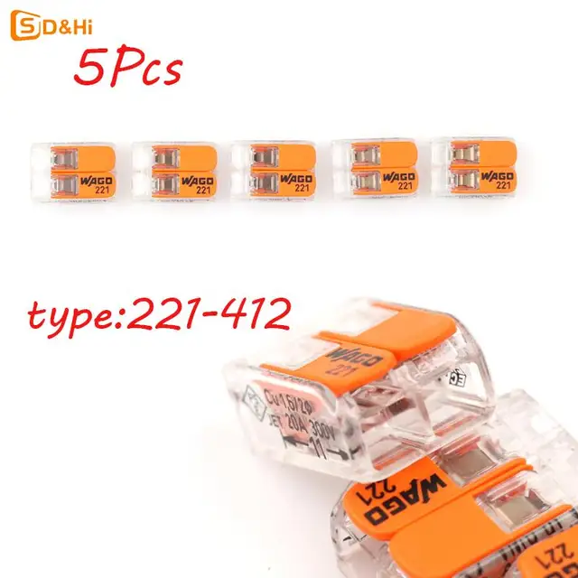 Wago 221-412 LEVER-NUTS 2 도체 컴팩트 커넥터, 10 PK 구리 와이어 접합, 재사용 가능 와이어 터미널 커넥터, 5 개