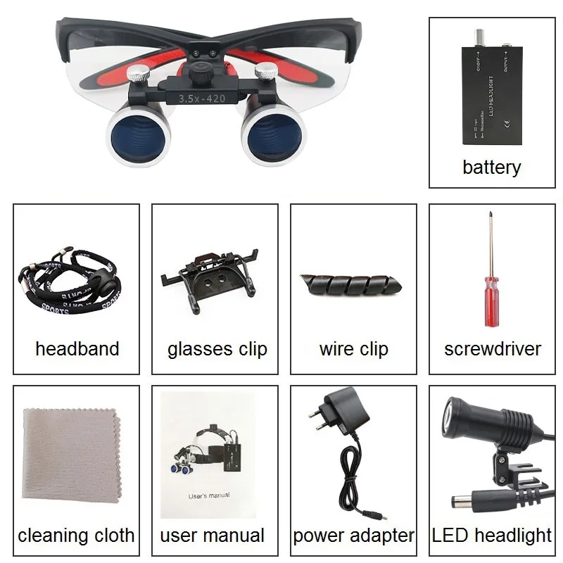 2.5X/3.5X 420 mm Dental Loupe Magnifier Binocular Magnifier Surgery Surgical Operation Loupe with Spotlight Head Light