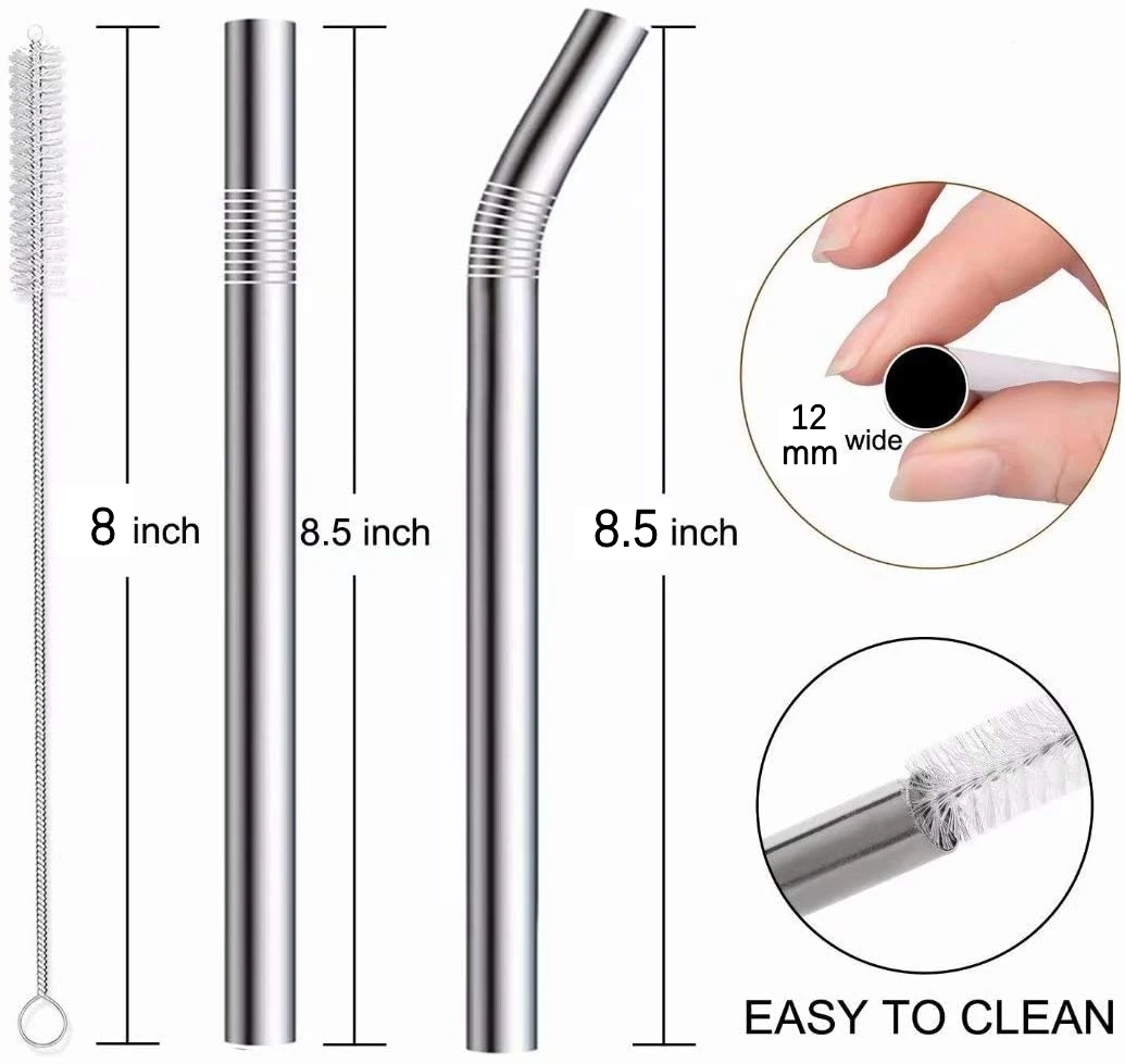 Drinking Straws Metal Straw Set 1pcs 304 Stainless Steel 12mm Wide with Cleaner Brush