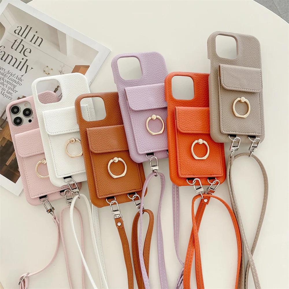 

Ring Stand Phone Case For iPhone 14 13 12 11 Pro Max Mini X XR XS Max 8 Plus Crossbody Wallet Card Holder Lanyard Leather Cover