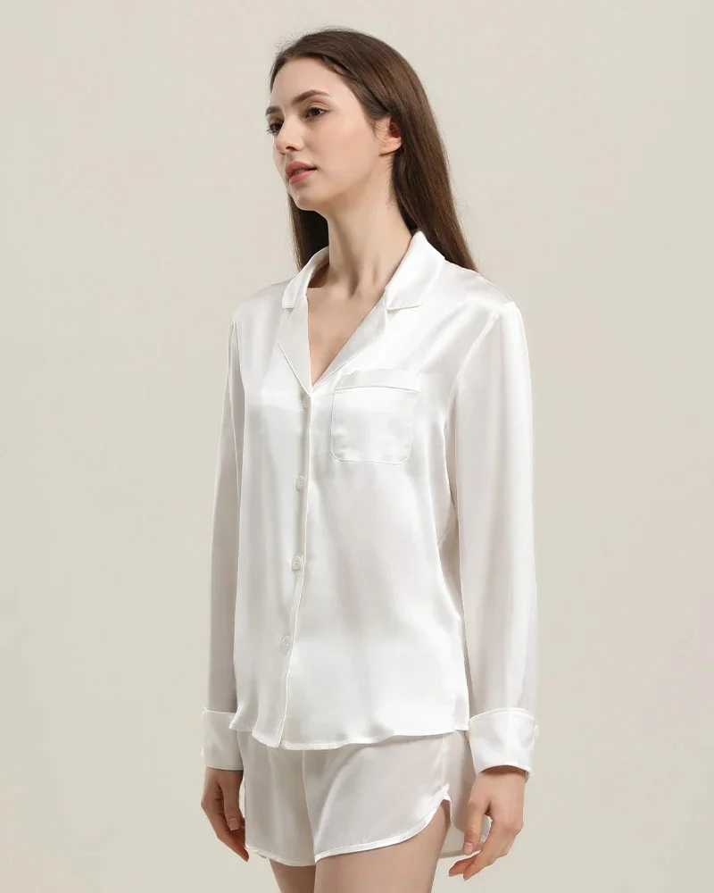 100% Mulberry Silk Pyjama Shirt Shorts Pajamas Set Long Sleeve Women Lingerie Set Sexy Underwear Suit Satin Pure Silk Nightwear - Image 2