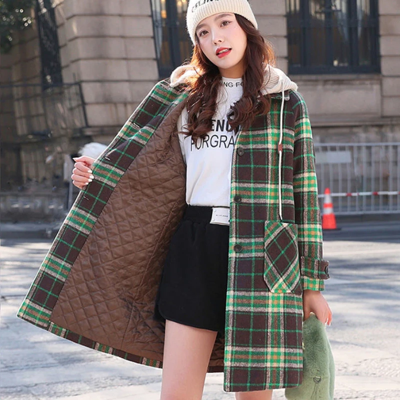 2023 Winter New Women Fashion Green Plaid Hooded Woolen Coat Female Mid-Length Loose Cotton Padded Casual Thickened Outwear
