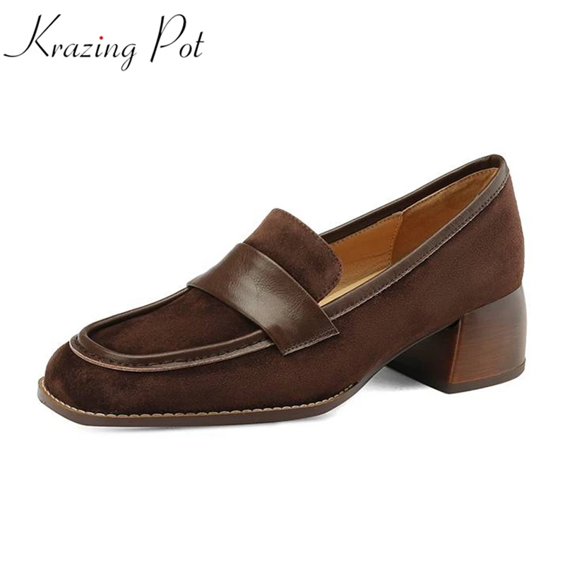 

Krazing Pot New Retro Vintage Sheep Suede Thick Med Heels Square Toe Spring Autumn Concise Shoes Office Lady Women Leisure Pumps