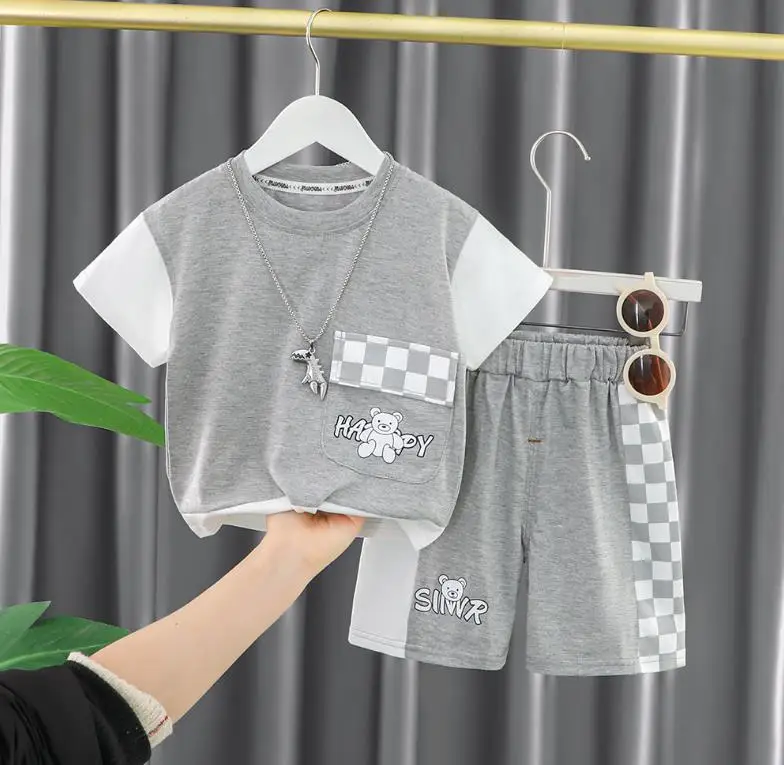 

Summer Baby Boys Outfit Set 2023 Fashion boy Cartoon pocket bear cotton short sleeve shirts sport shorts children clothing suits