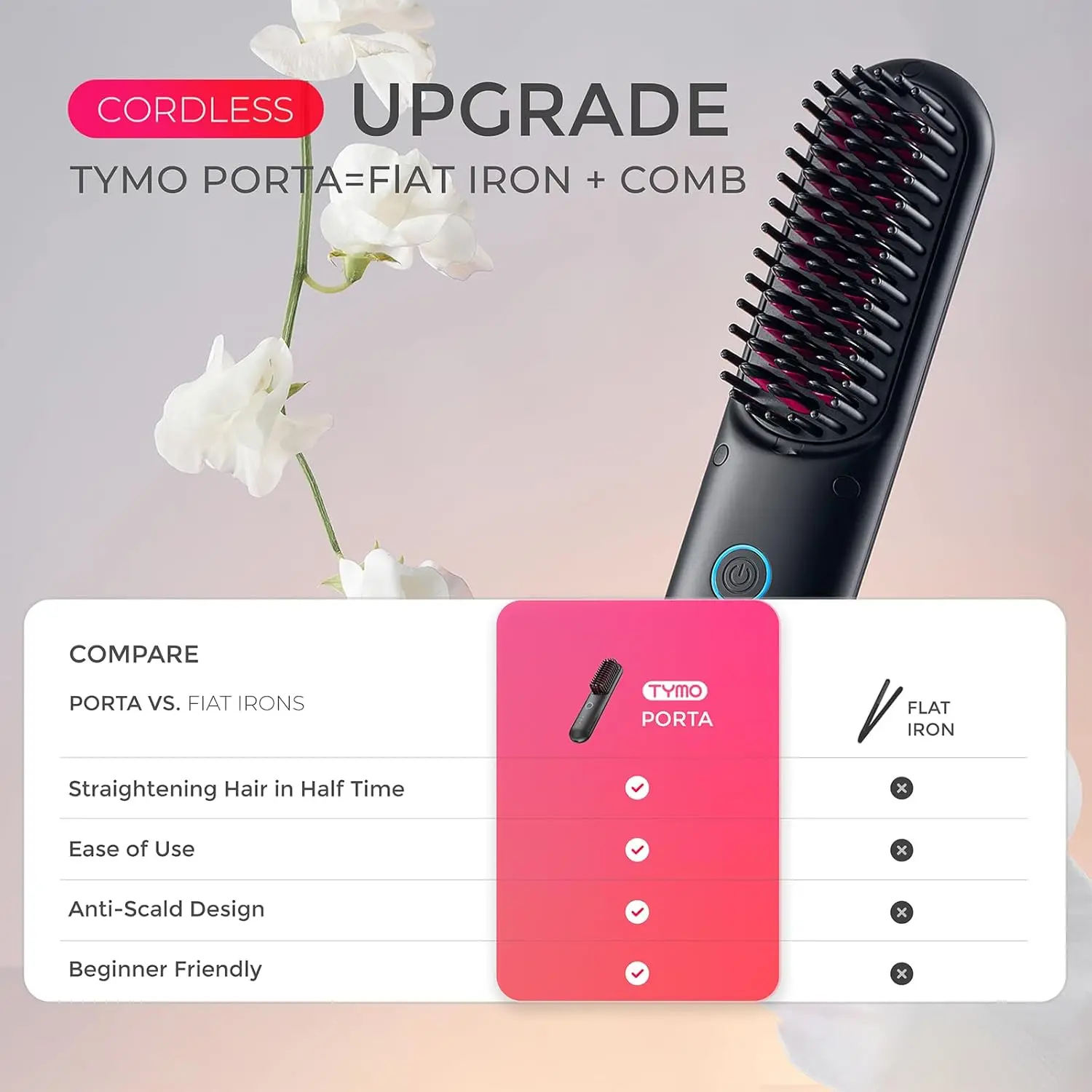 Porta Cordless Hair Straightener Brush, Portable Mini Straightening Brush for Travel, Negative Ion Hot Comb Hair Straighten 3