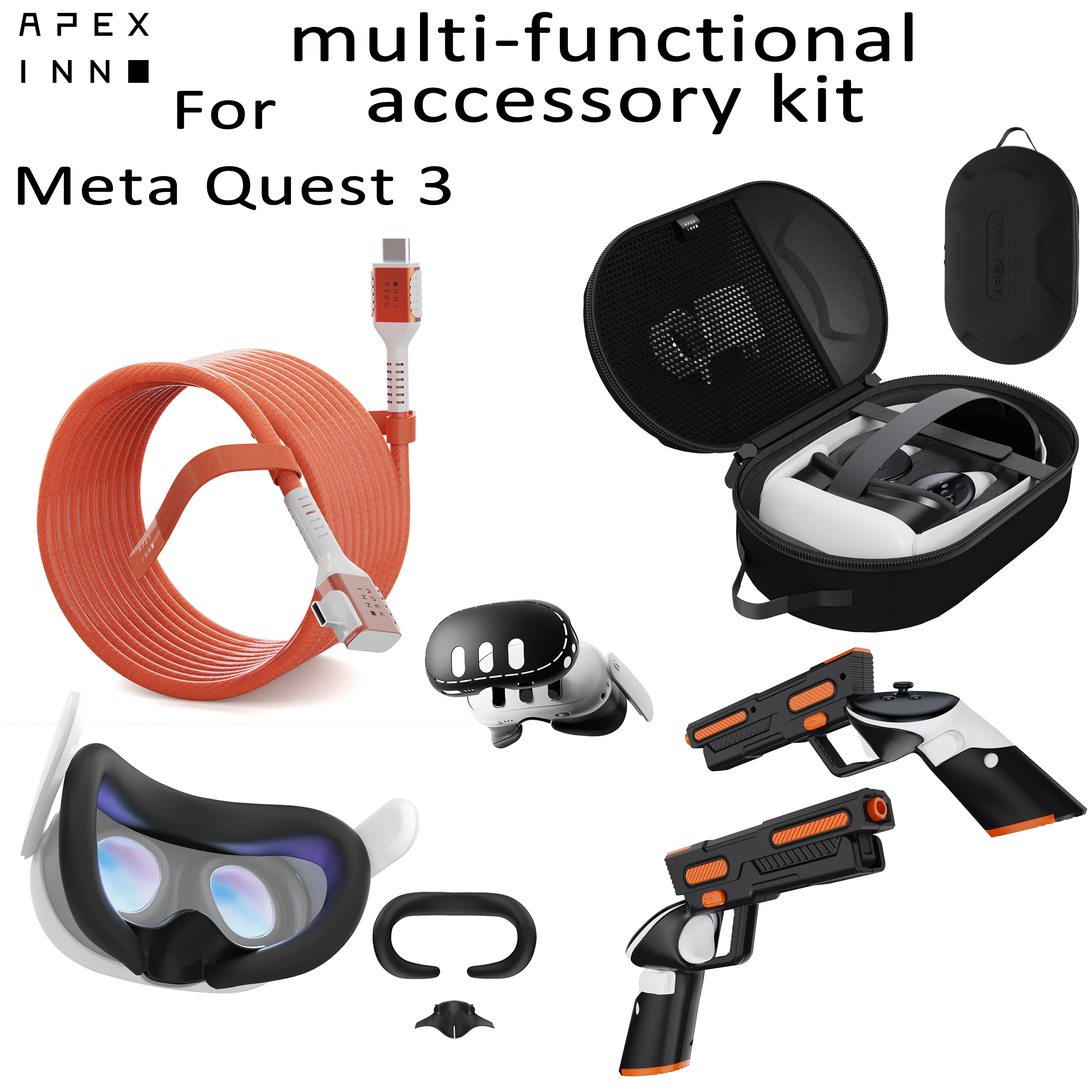 

APEXINNO for Meta Quest 3 Set 6 In 1 Carrying Case Link Cable Gun Stock Silicone Fac pad/Nose pad/Shell Cover for VR Accessories