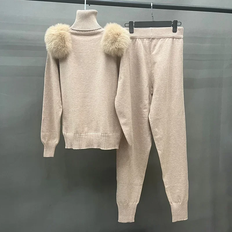 Women's Winter Knitted Sweater Pants Set Lady Fashion Tracking Suit Sweater Fox Fur Shoulder Stand Collar Pullover 2