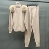 Women's Winter Knitted Sweater Pants Set Lady Fashion Tracking Suit Sweater Fox Fur Shoulder Stand Collar Pullover 2