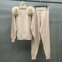 Women's Winter Knitted Sweater Pants Set Lady Fashion Tracking Suit Sweater Fox Fur Shoulder Stand Collar Pullover 2
