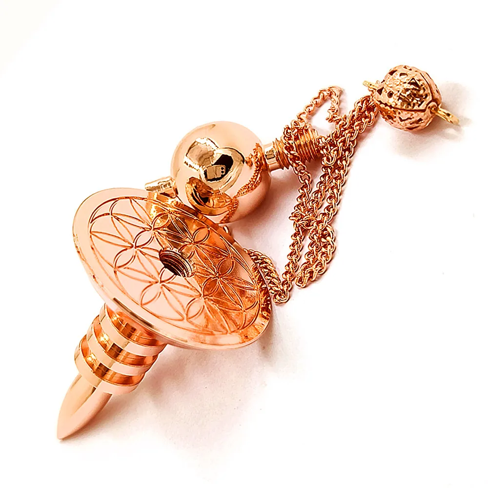 Flower of Life Gold plated Brass Pendulum for Dowsing Meatl Charms Chakra Amule Wicca Healing Spiritual Energy Balancing Pointed 5