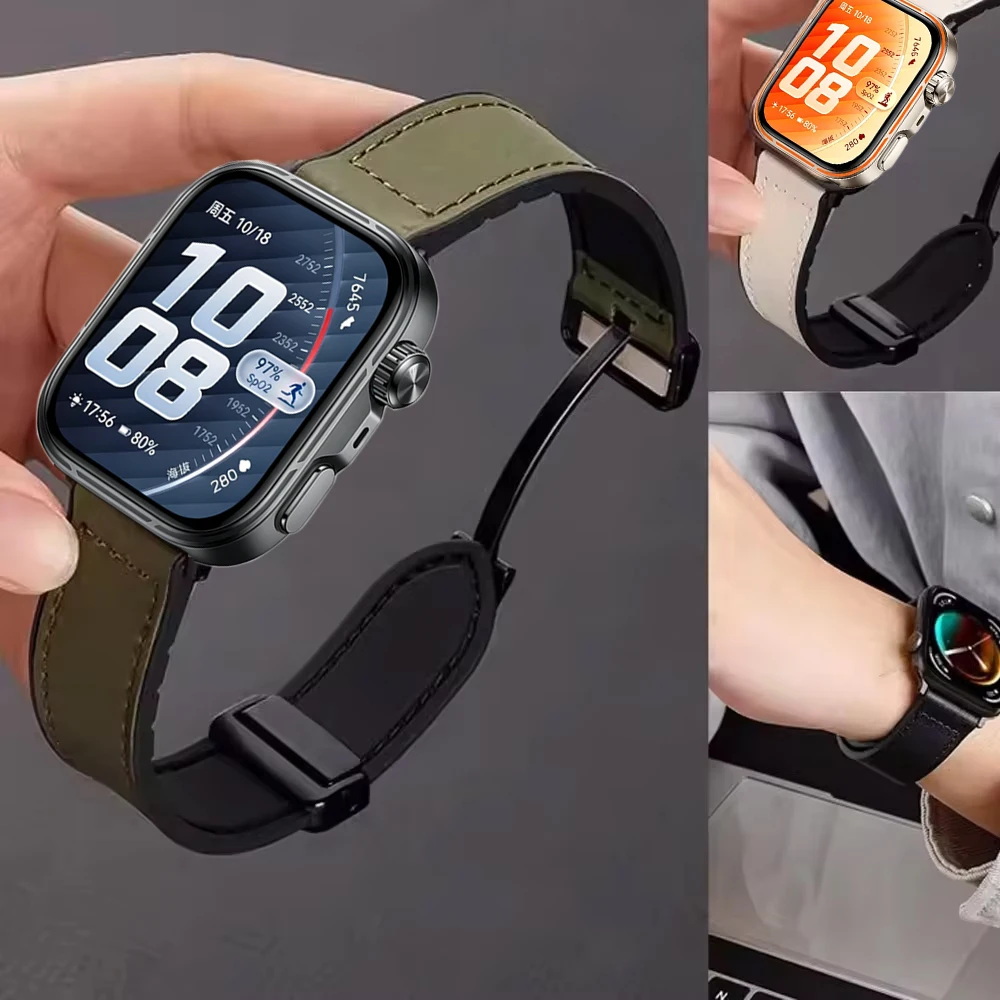 Premium Leather and Silicone Sports Strap with Magnetic Buckle – Comfortable Wristband for Smartwatch