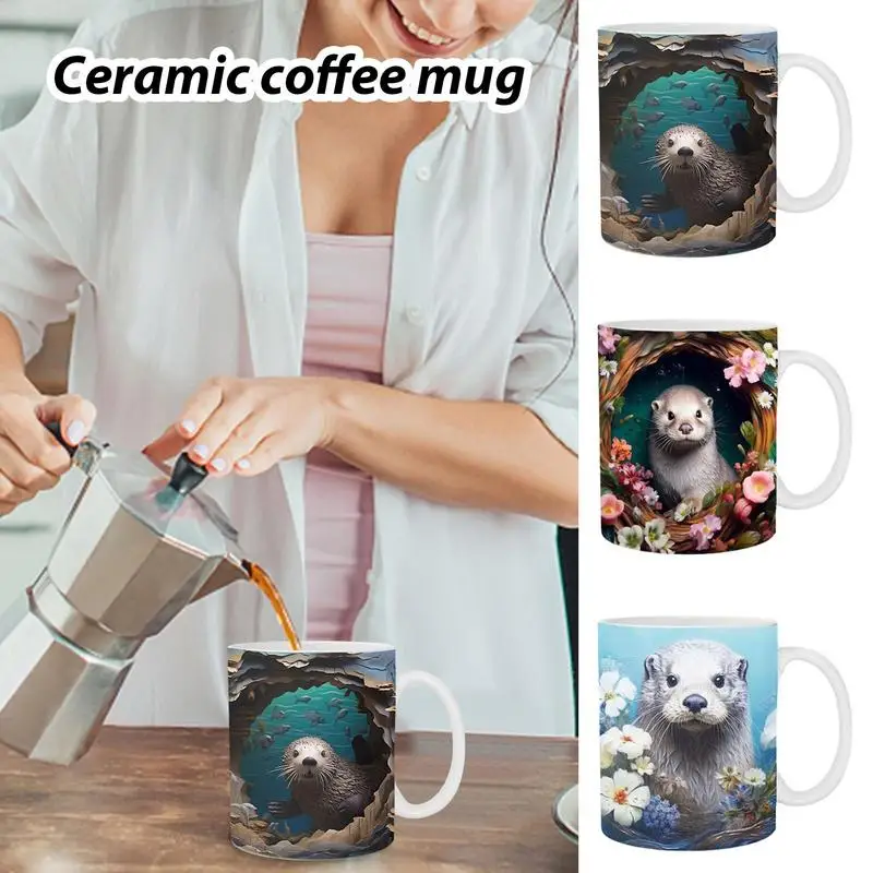 

Sea Oters Mug 3D Durable Ceramic Coffee Mug Tea Cup OOcean Hole Flower Cup Birthday Holiday Gift For Kitchen Accessories