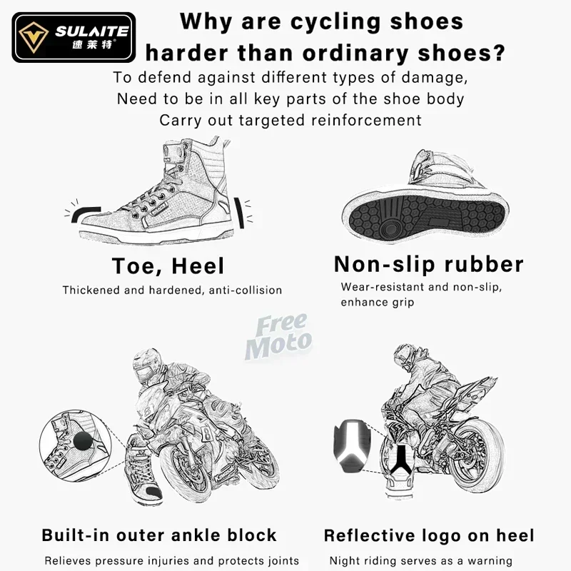SULAITE Wear Resistant Motocross Protective Shoes Four Seasons Breathable Motorcycle Boots Moto Equip Reflective Moto Shoes