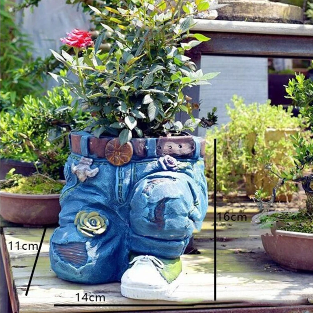 מכנסי ג'ינס של 1 PC מעצבים פסל שרף פרחים עסיסי אדנית פרחים עסיסיים מקורה חיצה חיצונית חצר מדשאה מרפסת מרפסת סיר קישוט פטיו
