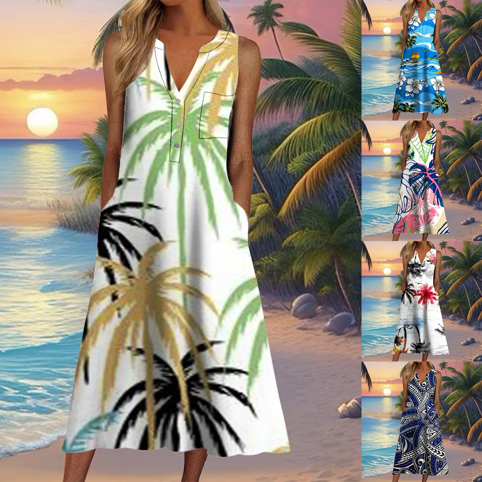 

2024 Loose Casual Plus Size Long Maxi Dresses Beach Sun Deep V Women Sleeveless Summer Hawaii Printed Boho Long Dresses
