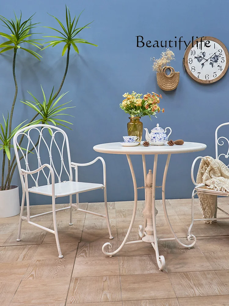 

Retro Iron Art Dining Chair Foldable Distressed Art Photography Pastoral Style Balcony Leisure Long Table and Chair