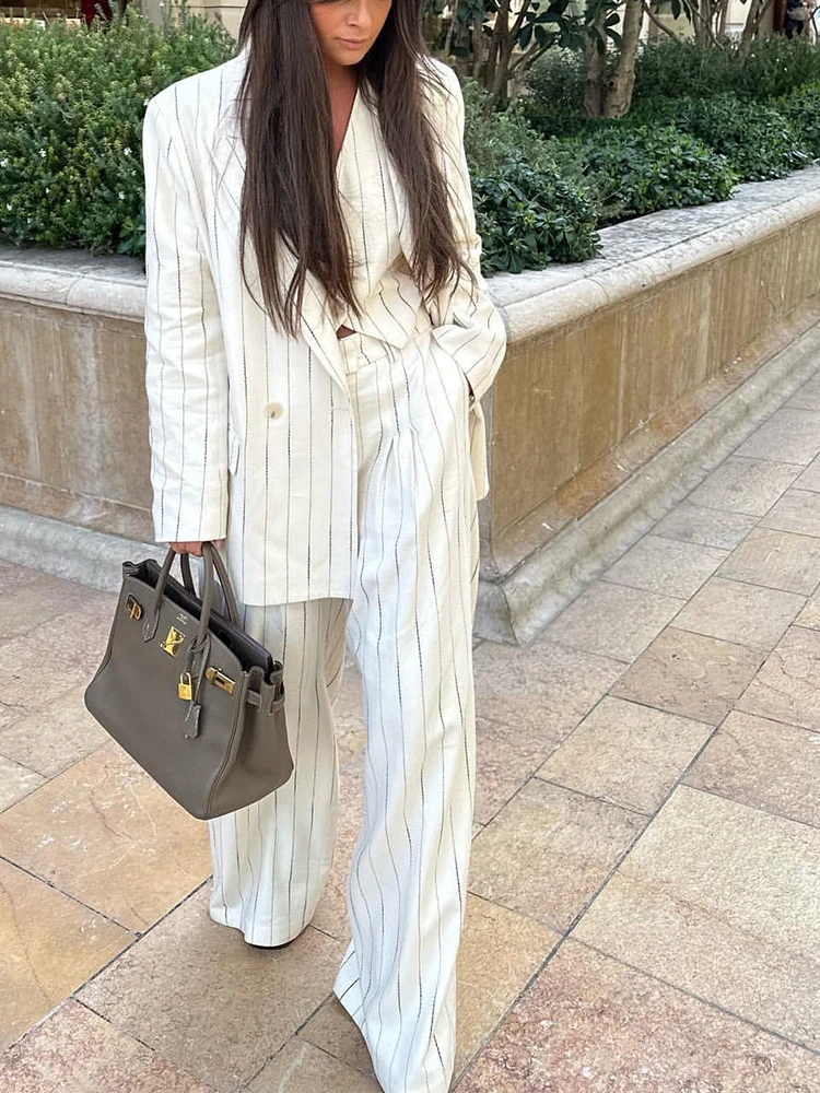 

Vintage Autumn Office Women Suit Stripe V Neck Double Breasted Pockets Blazer Straight Loose Pants Fashion 2024 Sets