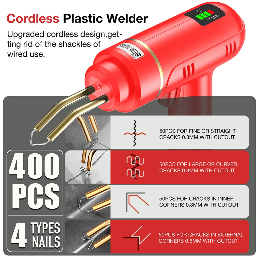 200W Cordless Plastic Welder Gun Plastic Welding Kit 400PCS Hot Stapler USB Rechargeable Bumper Repair Kit for Most Plastic