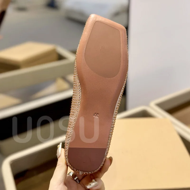 Spring and Autumn Women's Shoes Designer Luxury Full Crystal Shallow Banquet Ladies Shoes Square Toe Ballet Shoes Dresses