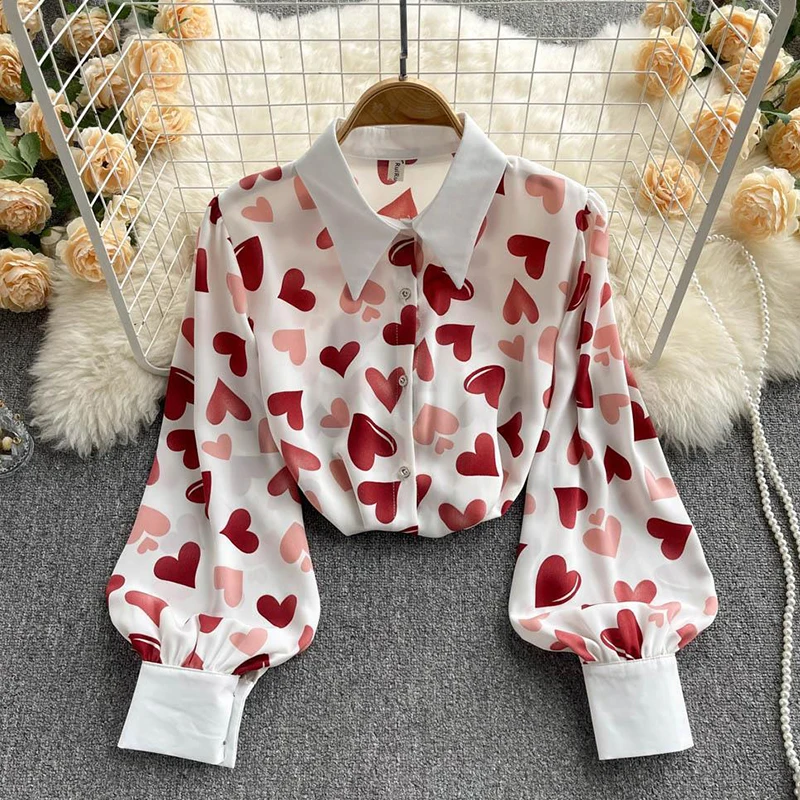 2022 Spring Autumn Fashion Love Graphic Print Button Shirt for Women Casual Street Long Sleeve Office Ladies Blouses Tops Blusas