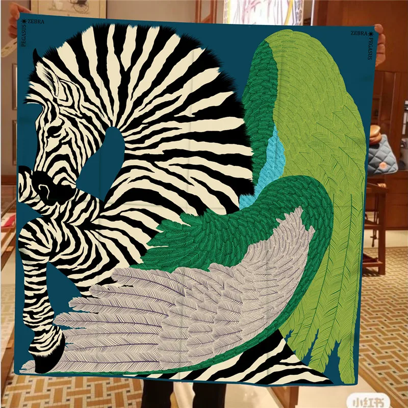 Luxury 90cm Twill Silk Checkered Horse Print Square Scarf Shawl