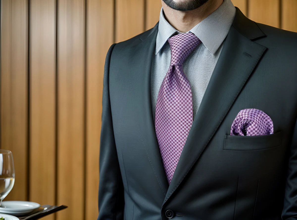 Men's Grey Suit, Light Violet Vertical Striped Dress Shirt, Charcoal Suede  Oxford Shoes, Violet Knit Tie | Lookastic