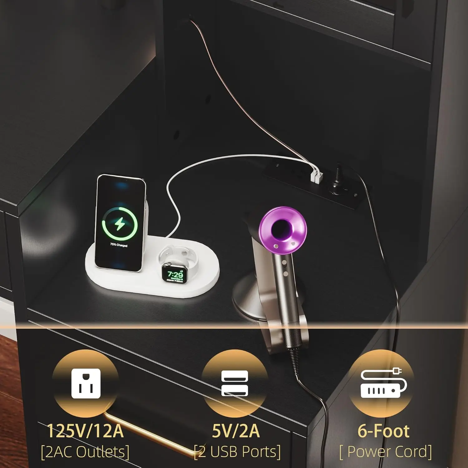 58.3" Makeup Vanity with Lights & Charging Station, Dressing Table Vanity Set White Vanity Table with Cushioned Stool, 8 Drawers