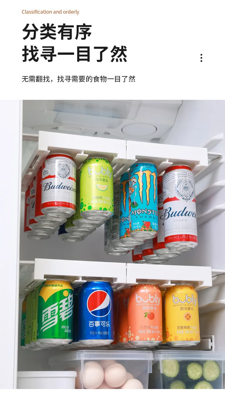 Organizador de latas de refresco para refrigerador, soporte dispensador de  latas de bebidas, organizador de latas de refresco colgante de plástico,  estante deslizante de almacenamiento para nevera