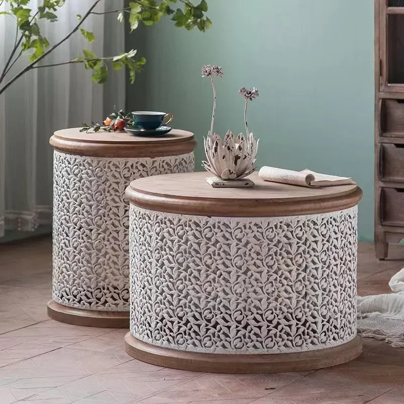 Living room American-style white carved hollow-out small coffee table pine wood round table with iron base sofa