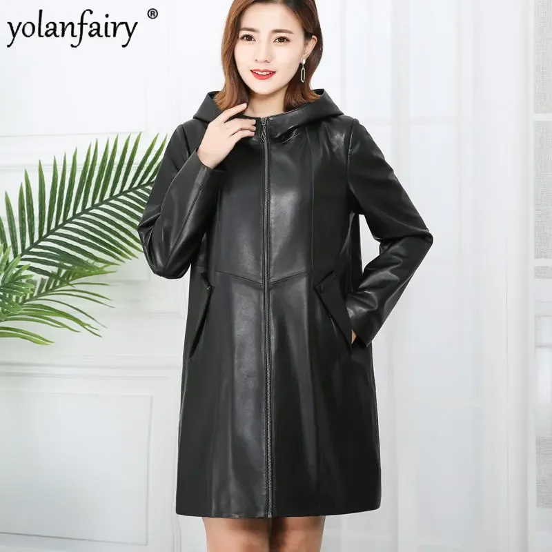 

100% Genuine Leather Jacket Women Midi Long Hooded Trenchcoat Female Loose Korean Natural Sheepskin Outwear Extra Large 8XL FCY