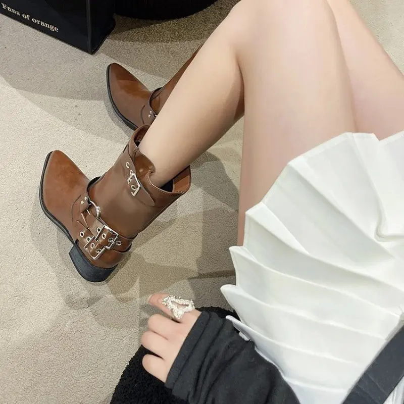 Platform Combat Cusp Boots Zip Chuny Heel Buckle Vintage Fashion Casual Luxury Designer Western Mid Calf Boots Shoes Woman New