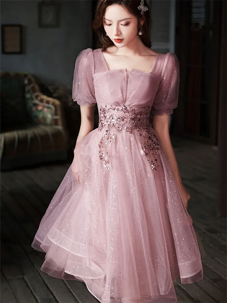 

Dress Women Pink Elegant Sequin Square Neck Solid Color Short Sleeve Mid-length A-line Skirt Spring Summer Female Clothing M192