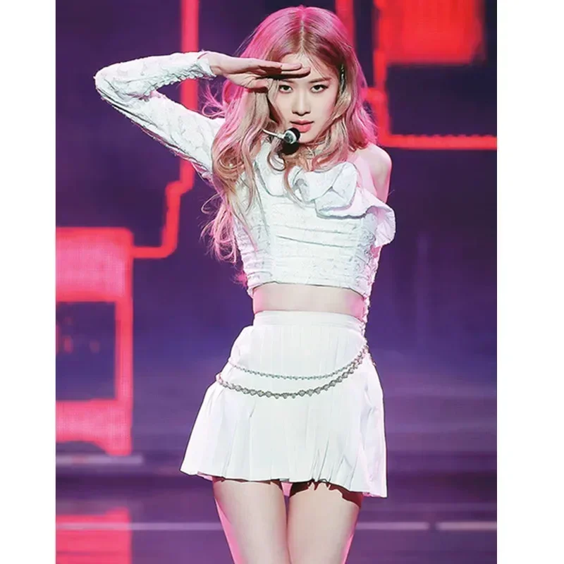 Tenue de groupe de filles Kpop pour femmes, vêtements sexy ROSE Y2K, haut court de festival, costume de chanteur, mini jupe plissée, vêtements de performance jazz