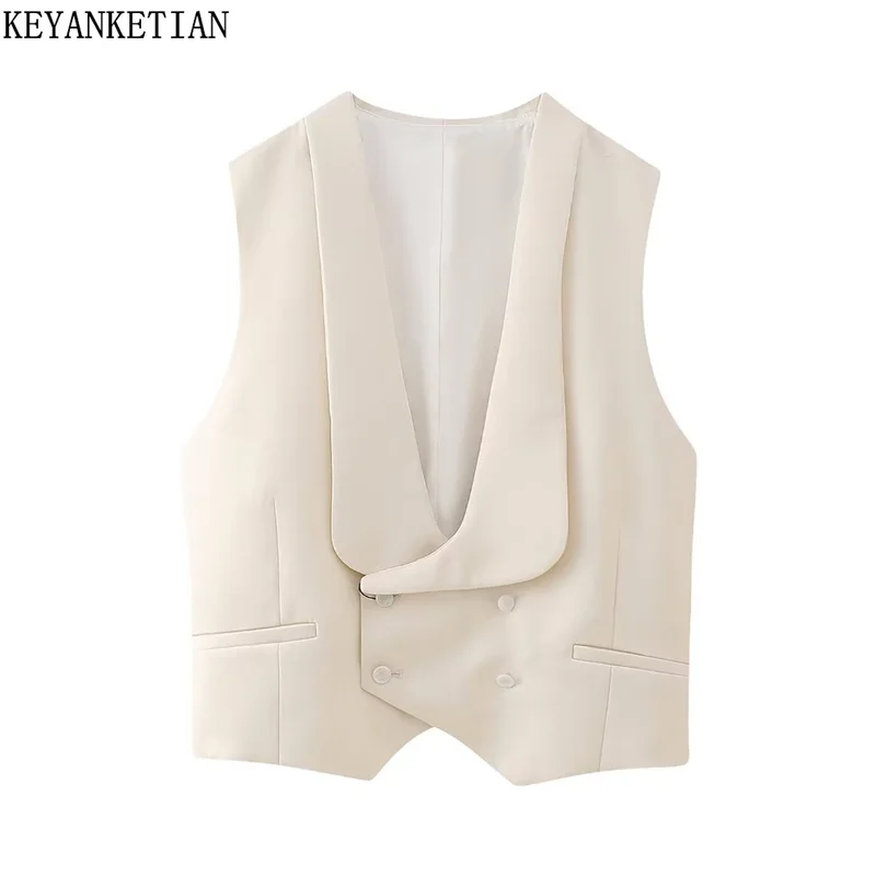 

KEYANKETIAN New Launch Women's Belt Decoration Slim Short Vest Double Breasted Fashion Design Sleeveless Waistcoat Crop Top