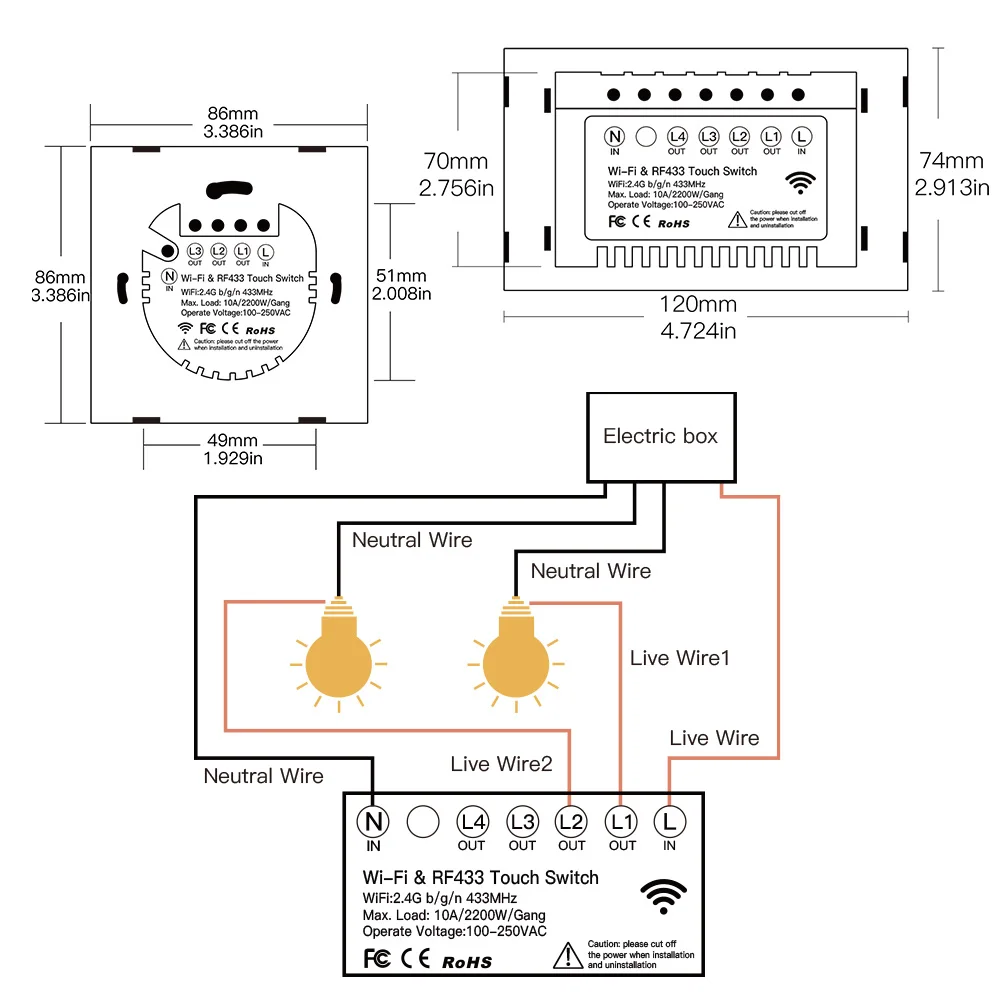 Moeshouse WiFi Smart Light Touch Switch RF433 Smart Life/Tuya App Control,Alexa Google Home Voice Control EU US 2/3 Way