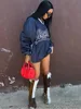 Sifreyr Street Casual Letter Print Pullover Top Contrast Color Woven Loose Mid Length Drawstring V-Neck Long Sleeve Sweatshirt 3