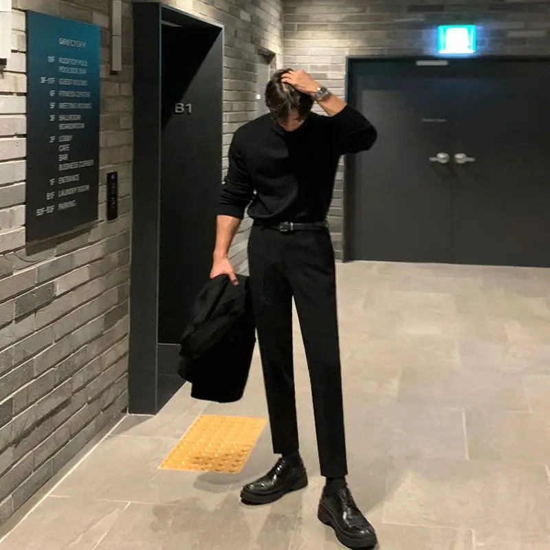 Spring Autumn 2023 Men's Suit Pants Slim Business Office Solid Color Straight Nine Point Classic Korean Trousers Male N55