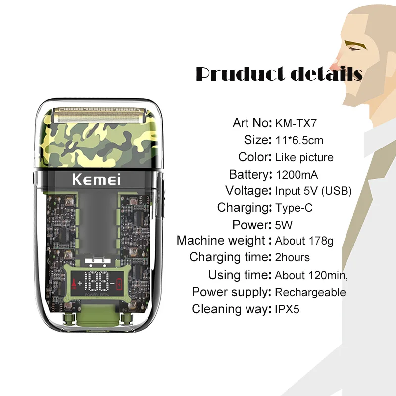 Kemei KM-TX7 Transparent Electric Shaver For Men Electric Razor Rechargeable Beard Shaver Floating Face Care Shaving Machine