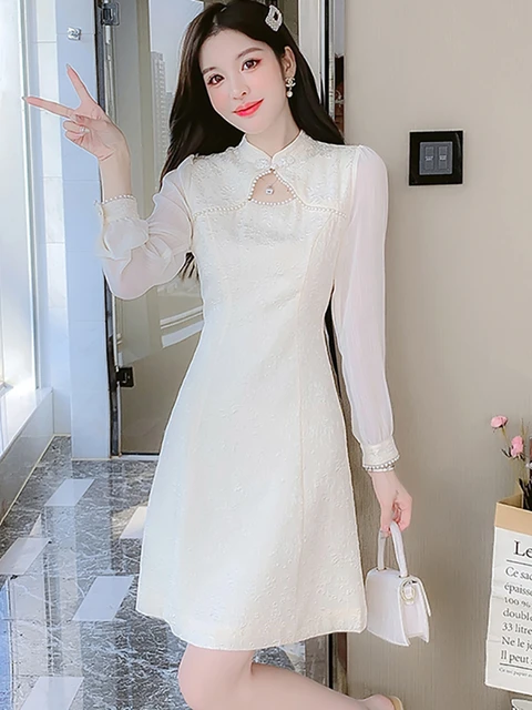 2023 White Jacquard Patchwork Long Sleeve Mini Dress Women Fashion Chic  Beading Hollow Out Dress Autumn Elegant Casual Vestidos - AliExpress