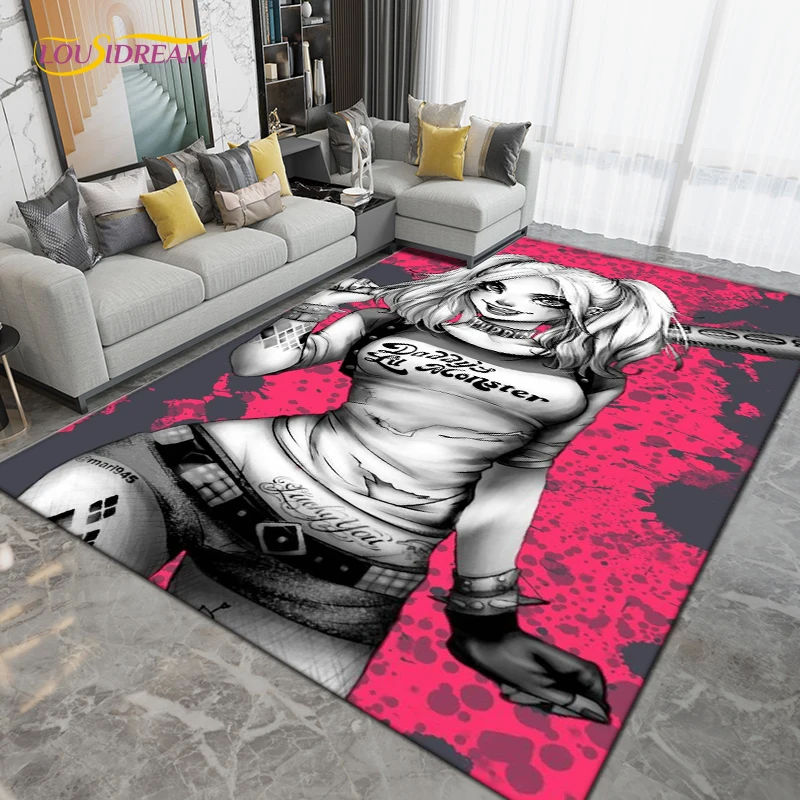 Harley-Quinn Cartoon Area Rug Large,Clown Girl Carpet Rug for Living Room Bedroom Decoration,Kitchen Bathroom Non-slip Floor Mat