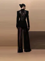 HIGH QUALITY New Fashion 2026 Designer Suit Set Women's Gauze Patchwork Beaded Blazer Chiffon Pants 2cs Set