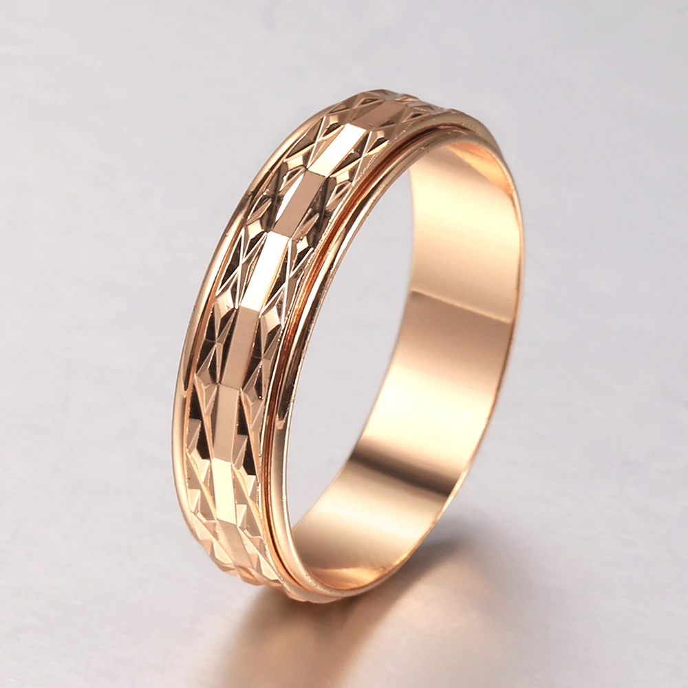 6mm Women Spinner Rings 585 Rose Gold Color Pattern Rotatable Carved Anxiety Ring Wedding Birthday Gifts