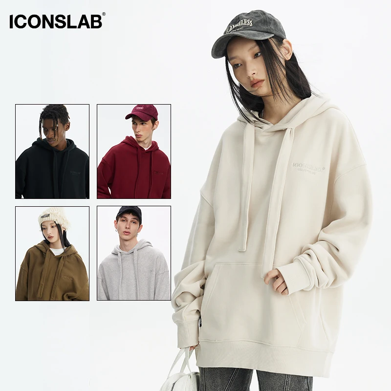 Iconslab 베이직 로고 후드티, 두꺼운 모자 로프, 무거운 커플 후드티, 남녀공용