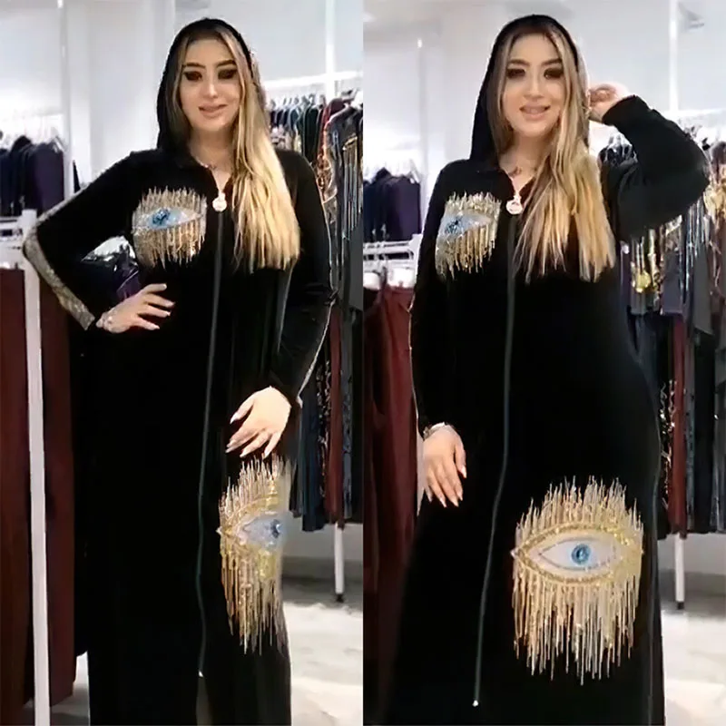 

Women Long-sleeve Hooded Robe Black Velvet Sequin Maxi Dress African Clothes Casual Loose Zip Muslim Abaya Plus Size