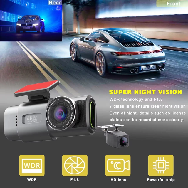 4K Dual Lens Car Dash Cam Night Vision DVR with Built-in Wi-Fi GPS Support 24-Hour Parking Surveillance Vehicle Camera 4