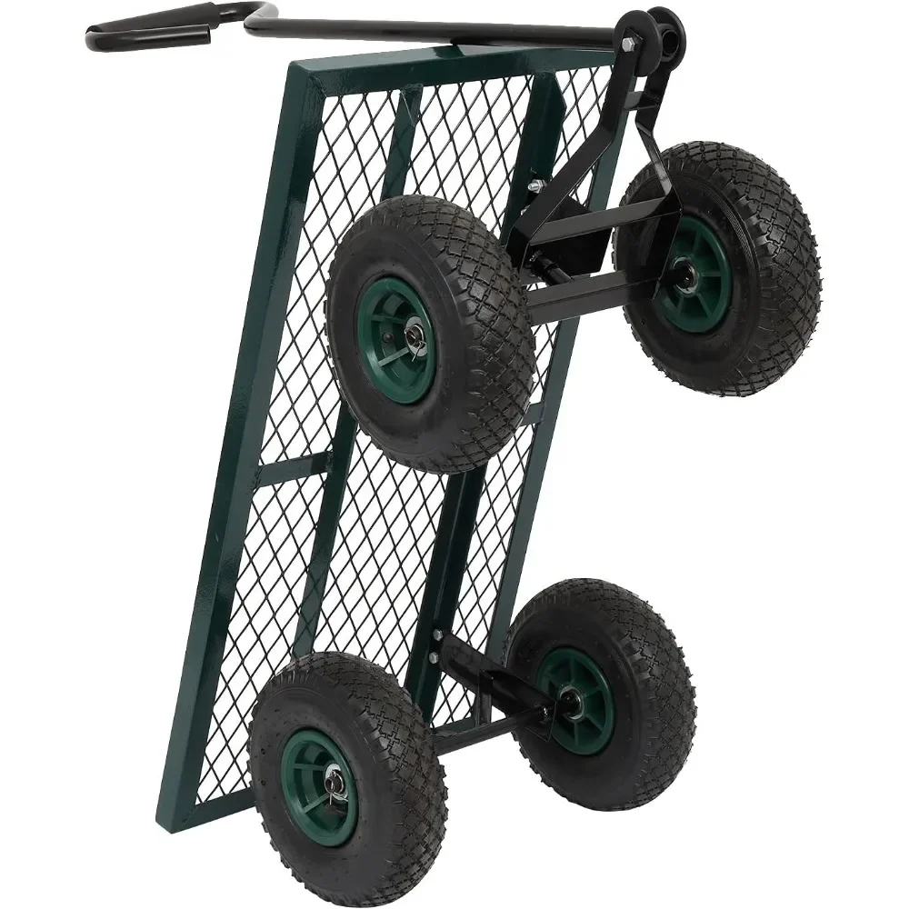 Steel Garden Cart Utility Heavy Duty Wagon, 10-inch Pneumatic Turf Tires Green