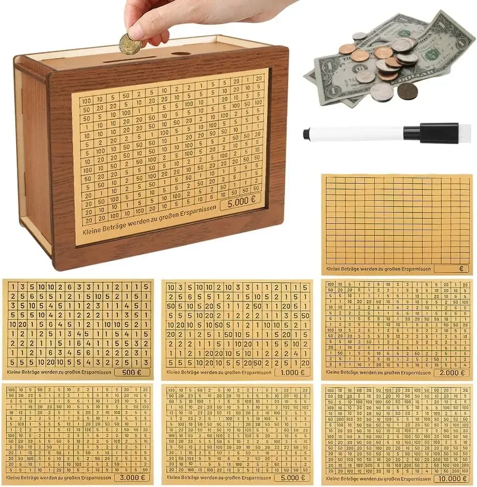 Houten spaarpot met spaardoel en genummerde vakjes_voghion.com