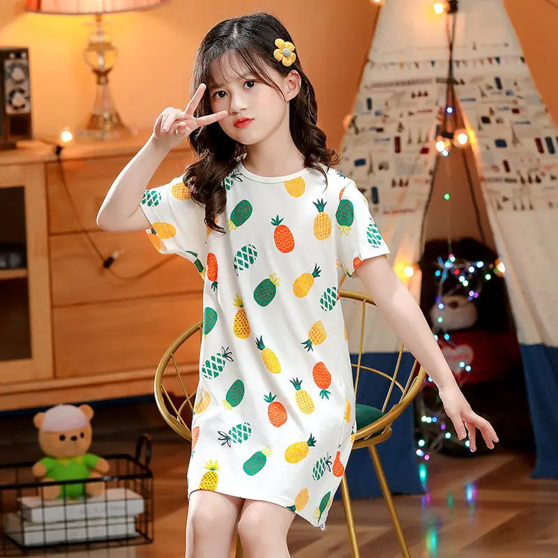 New Summer Girls Cotton Nightdress Baby Pajamas Short-sleeved Kid Girl Sleepwear Large Size Nightgowns for Girl 8 Years 14 Years