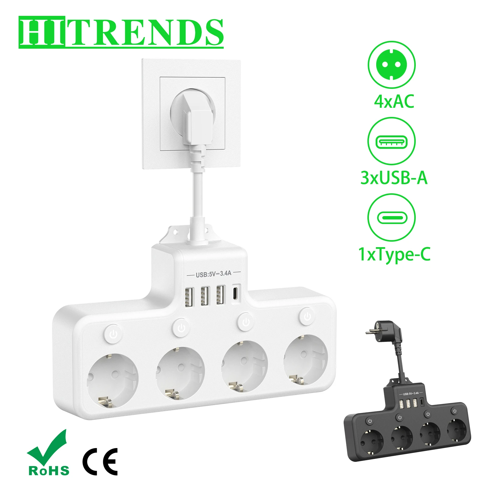 EU Plug Power Strip Multiple Socket with Individual switch 4 AC Outlets 4 USB Wall Socket Surge Protector