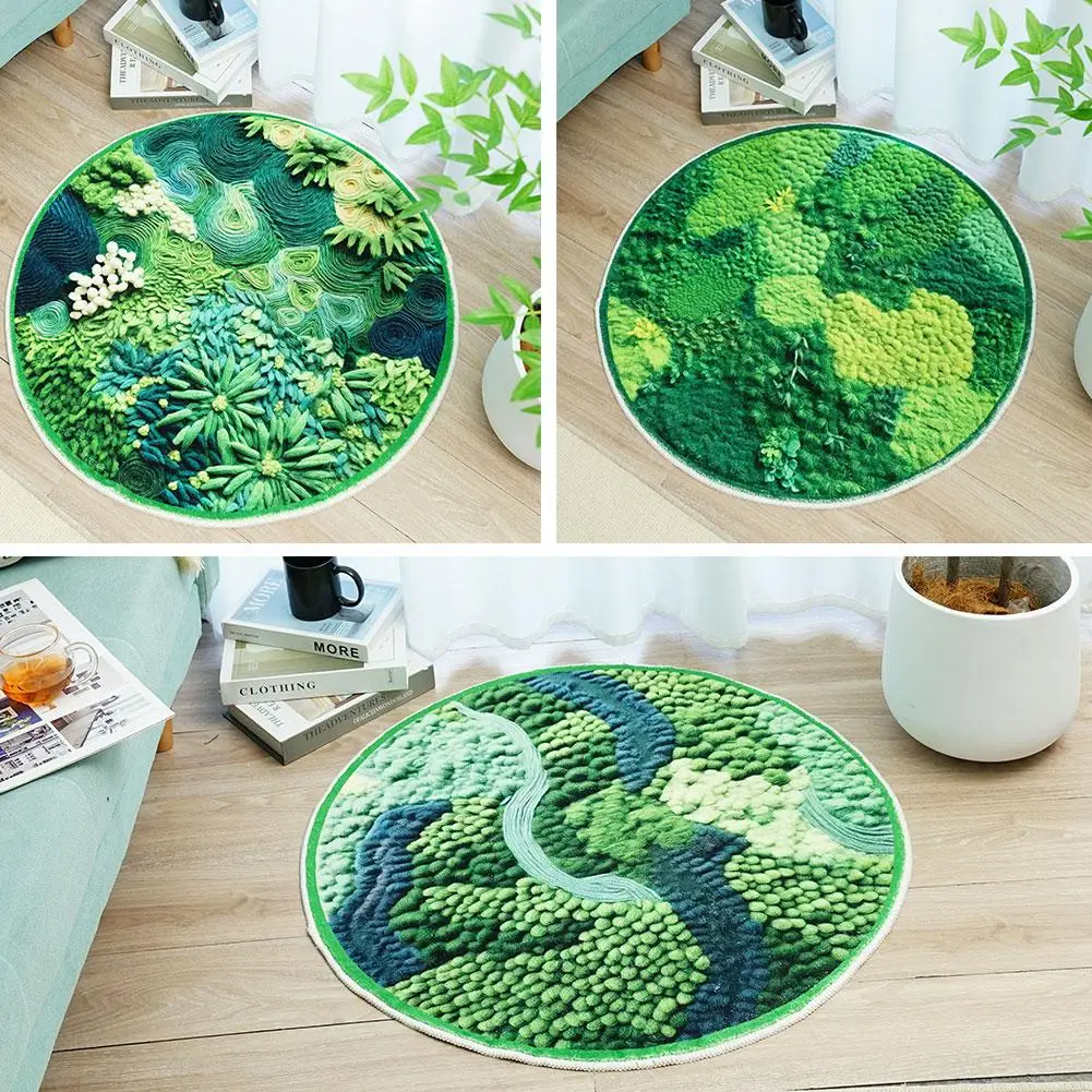 

Round Rug Carpets Moss Forest Plush Flocking Carpet Mats For Living Room Bedroom Office Green Plant Hand Woven Soft Bedside G8Y7